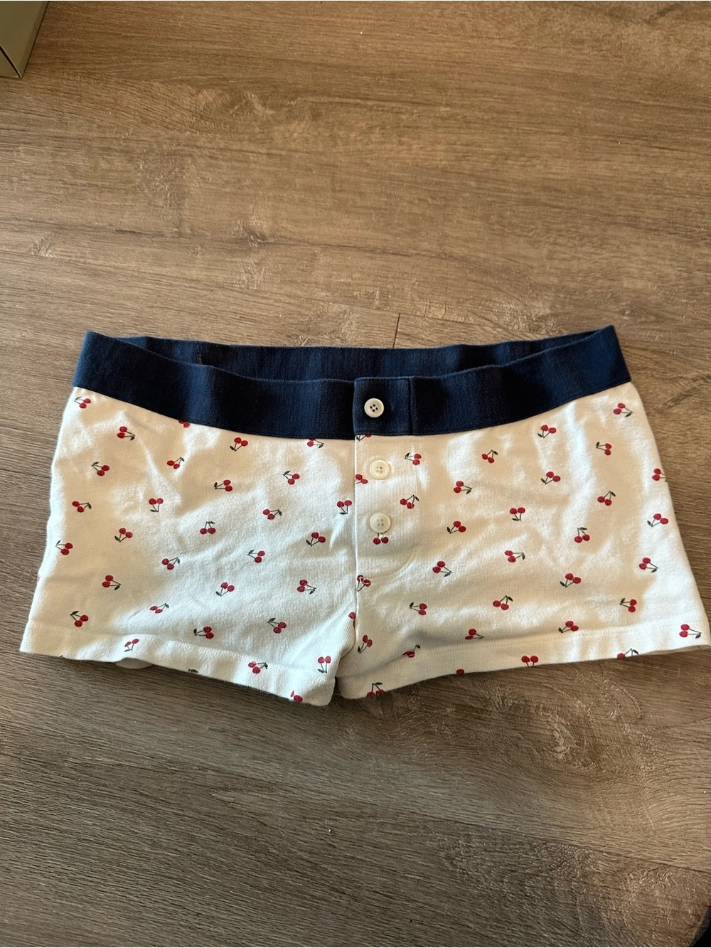 Brandy Melville White Cherry Print Bike Shorts with Navy Waistband